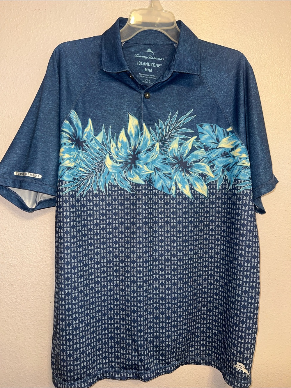 Tommy Bahama Navy Blue Tropical-Hawaiian Print Polo Sz M UPF 30